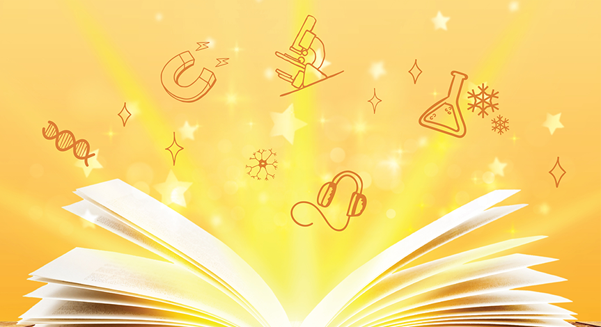 Open book with a yellow light pouring out and science icons in the background